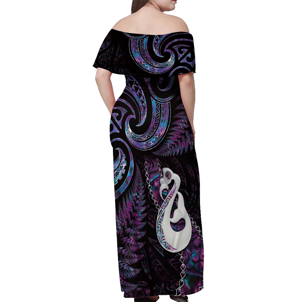 New Zealand Aotearoa Off Shoulder Maxi Dress Maori Manaia Paua Shell Glitter Purple