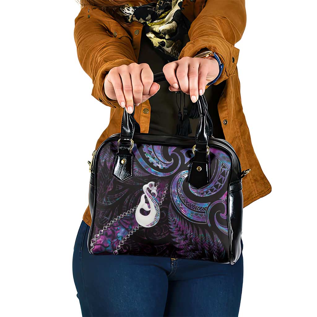 New Zealand Aotearoa Shoulder Handbag Maori Manaia Paua Shell Glitter Purple