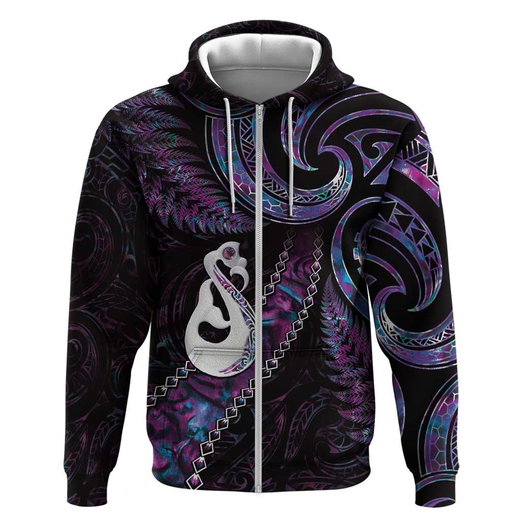 New Zealand Aotearoa Zip Hoodie Maori Manaia Paua Shell Glitter Purple