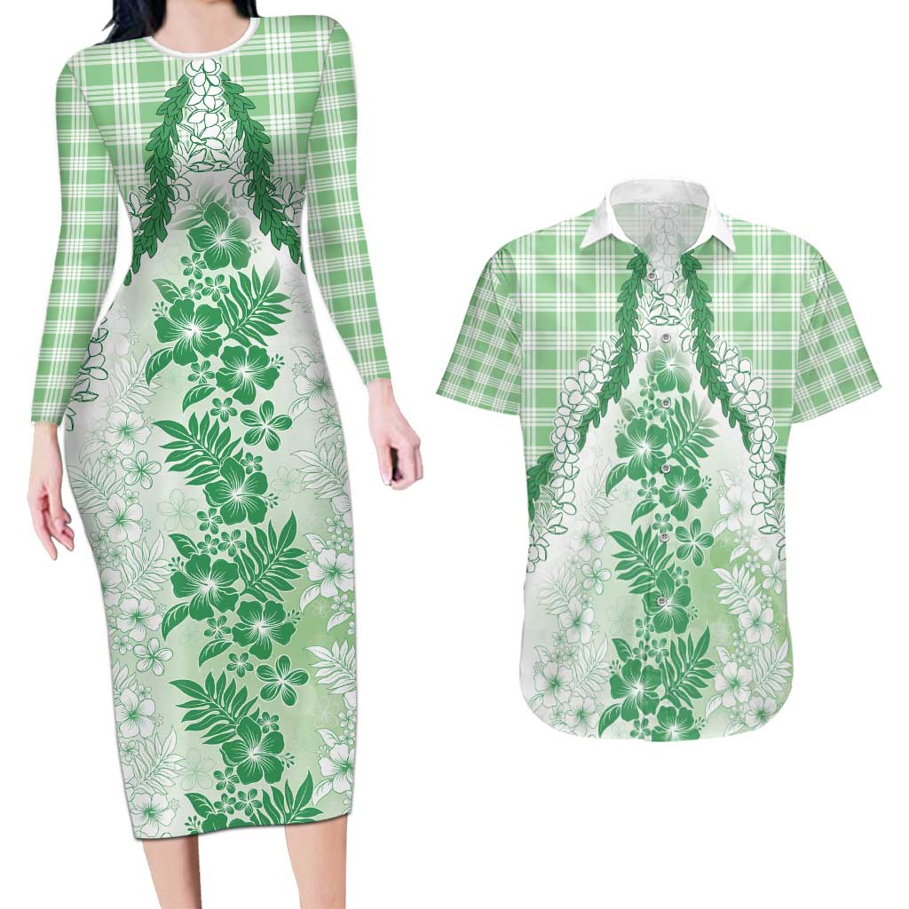 Aloha Hawaii Palaka Couples Matching Long Sleeve Bodycon Dress and Hawaiian Shirt Green Plumeria Lei - Polynesian Pride