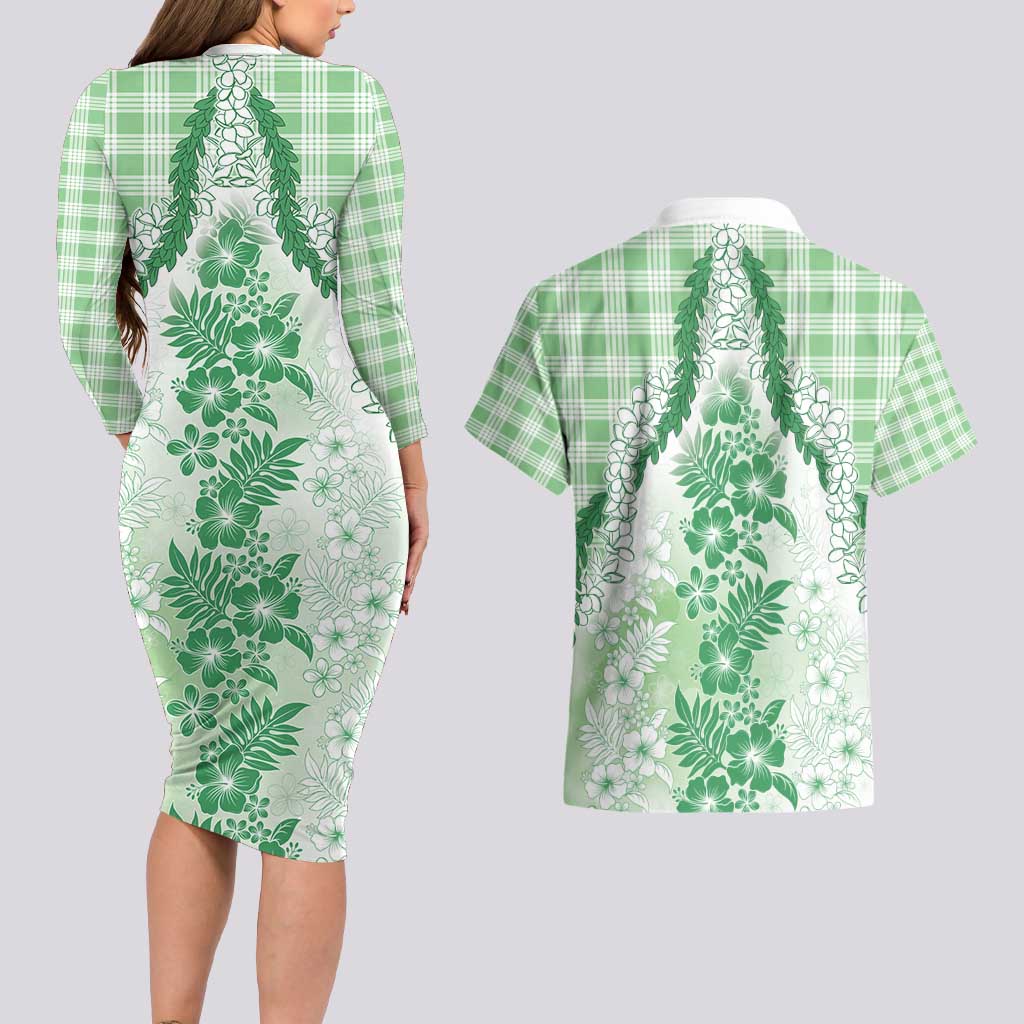 Aloha Hawaii Palaka Couples Matching Long Sleeve Bodycon Dress and Hawaiian Shirt Green Plumeria Lei - Polynesian Pride
