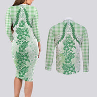 Aloha Hawaii Palaka Couples Matching Long Sleeve Bodycon Dress and Long Sleeve Button Shirt Green Plumeria Lei - Polynesian Pride