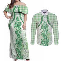 Aloha Hawaii Palaka Couples Matching Off Shoulder Maxi Dress and Long Sleeve Button Shirt Green Plumeria Lei - Polynesian Pride