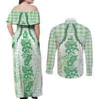 Aloha Hawaii Palaka Couples Matching Off Shoulder Maxi Dress and Long Sleeve Button Shirt Green Plumeria Lei - Polynesian Pride