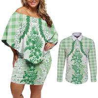 Aloha Hawaii Palaka Couples Matching Off Shoulder Short Dress and Long Sleeve Button Shirt Green Plumeria Lei - Polynesian Pride