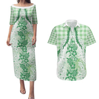 Aloha Hawaii Palaka Couples Matching Puletasi and Hawaiian Shirt Green Plumeria Lei - Polynesian Pride