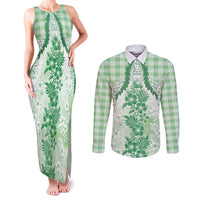 Aloha Hawaii Palaka Couples Matching Tank Maxi Dress and Long Sleeve Button Shirt Green Plumeria Lei - Polynesian Pride