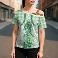 Aloha Hawaii Palaka Cross Shoulder Shirt Green Plumeria Lei - Polynesian Pride
