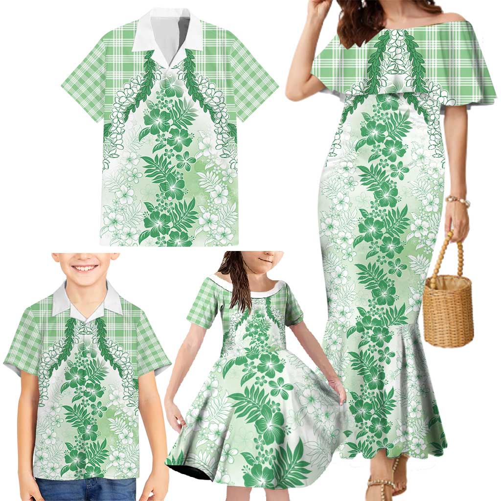 Aloha Hawaii Palaka Family Matching Mermaid Dress and Hawaiian Shirt Green Plumeria Lei - Polynesian Pride