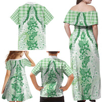 Aloha Hawaii Palaka Family Matching Off Shoulder Maxi Dress and Hawaiian Shirt Green Plumeria Lei - Polynesian Pride