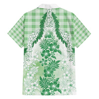 Aloha Hawaii Palaka Family Matching Off Shoulder Short Dress and Hawaiian Shirt Green Plumeria Lei - Polynesian Pride