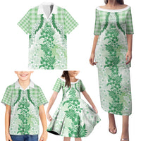 Aloha Hawaii Palaka Family Matching Puletasi and Hawaiian Shirt Green Plumeria Lei - Polynesian Pride