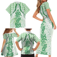 Aloha Hawaii Palaka Family Matching Short Sleeve Bodycon Dress and Hawaiian Shirt Green Plumeria Lei - Polynesian Pride