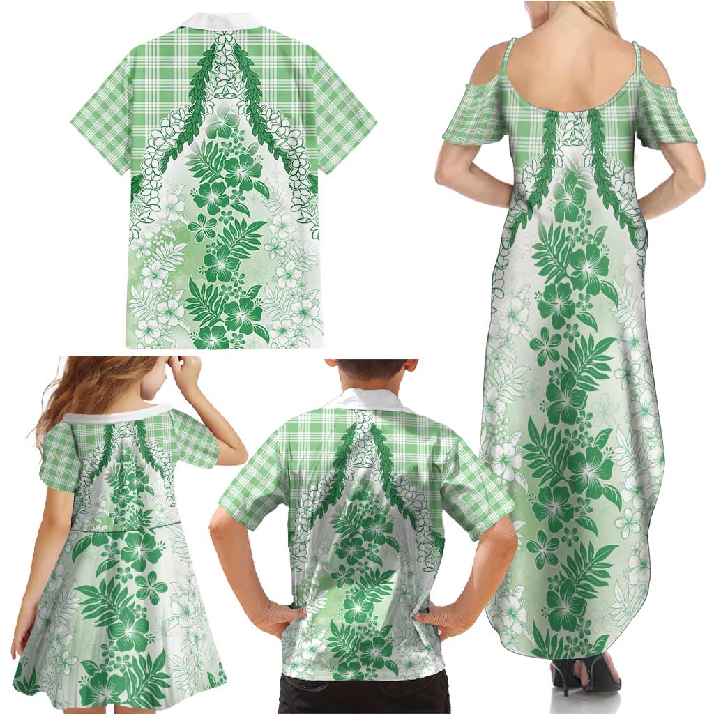 Aloha Hawaii Palaka Family Matching Summer Maxi Dress and Hawaiian Shirt Green Plumeria Lei - Polynesian Pride