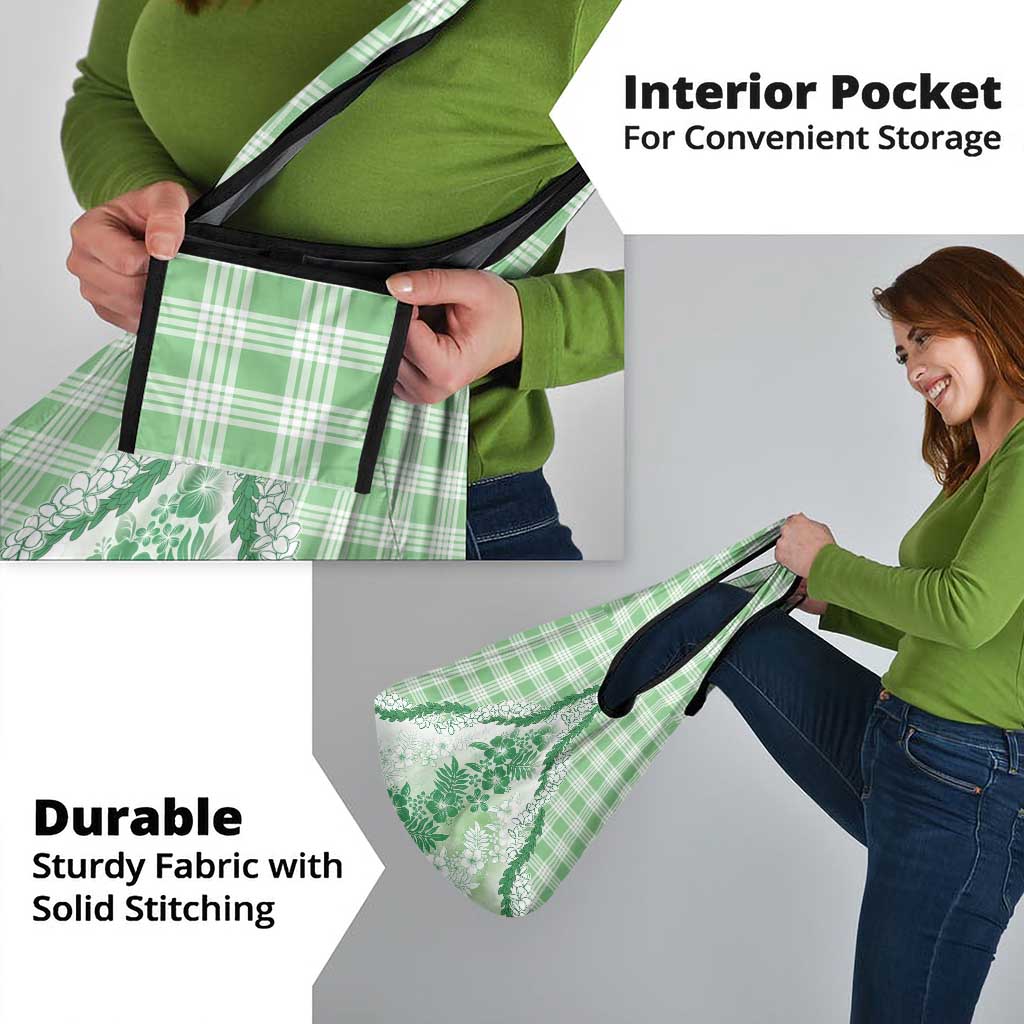 Aloha Hawaii Palaka Grocery Bag Green Plumeria Lei - Polynesian Pride