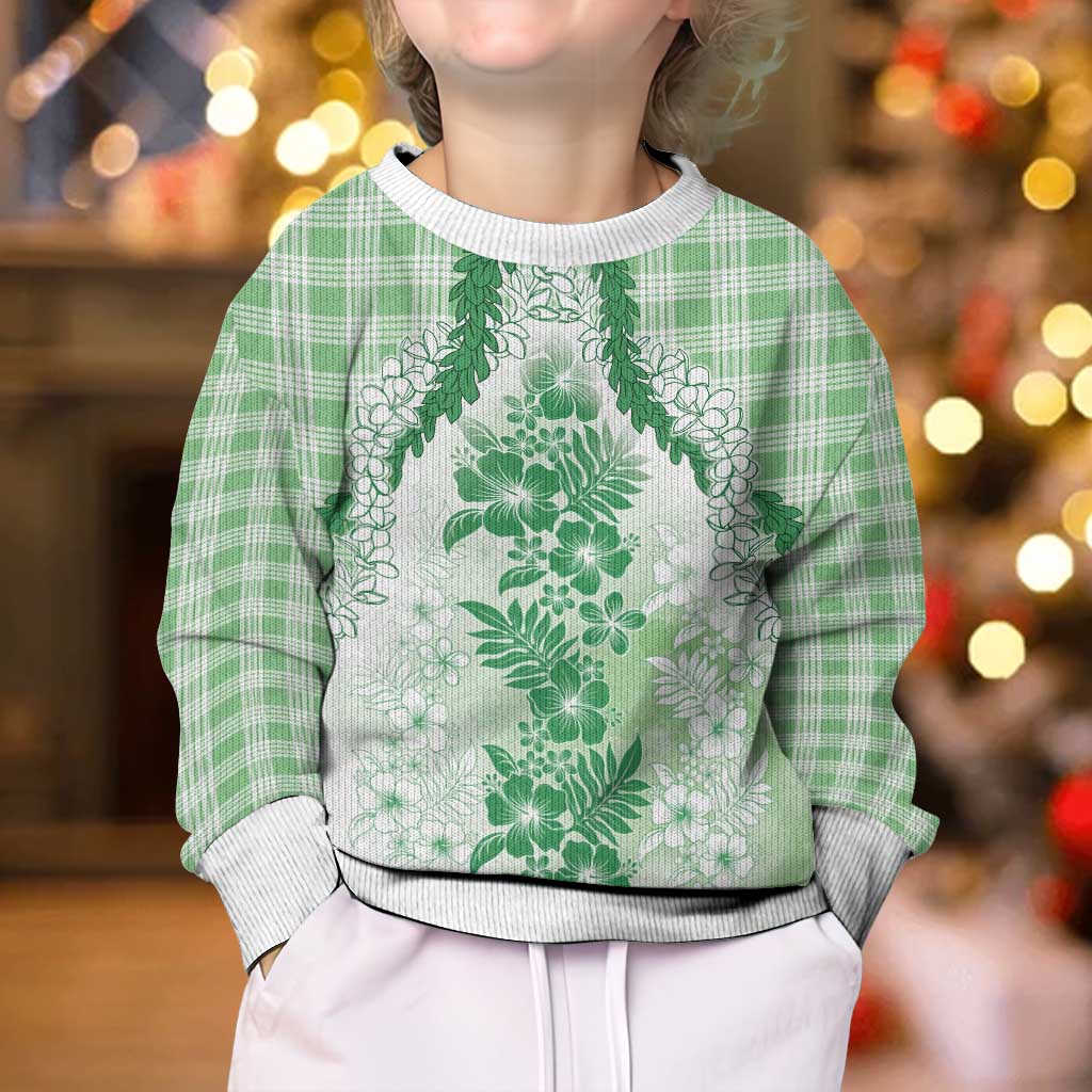 Aloha Hawaii Palaka Kid Ugly Christmas Sweater Green Plumeria Lei - Polynesian Pride