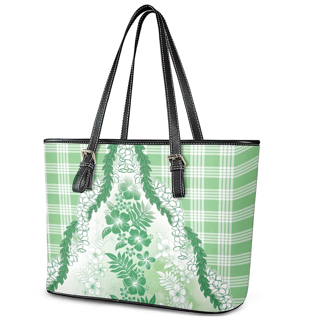 Aloha Hawaii Palaka Leather Tote Bag Green Plumeria Lei - Polynesian Pride