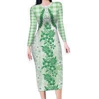 Aloha Hawaii Palaka Long Sleeve Bodycon Dress Green Plumeria Lei - Polynesian Pride