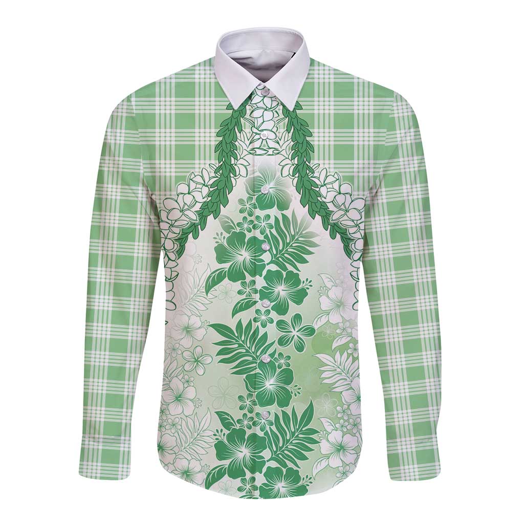 Aloha Hawaii Palaka Long Sleeve Button Shirt Green Plumeria Lei - Polynesian Pride