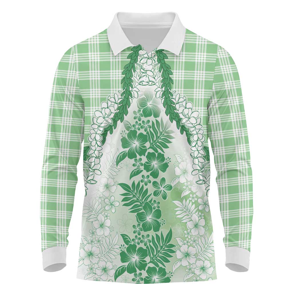 Aloha Hawaii Palaka Long Sleeve Polo Shirt Green Plumeria Lei - Polynesian Pride