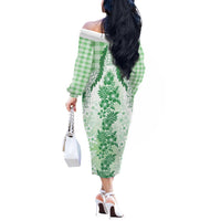 Aloha Hawaii Palaka Off The Shoulder Long Sleeve Dress Green Plumeria Lei - Polynesian Pride
