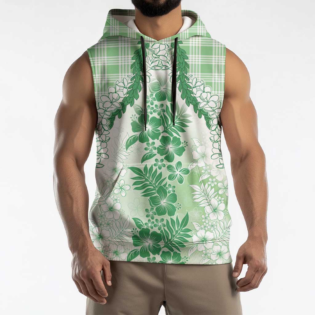 Aloha Hawaii Palaka Sleeveless Hoodie Green Plumeria Lei - Polynesian Pride