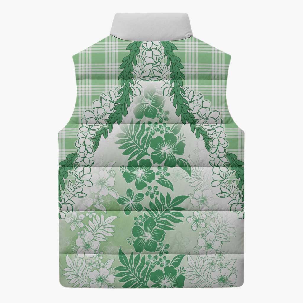 Aloha Hawaii Palaka Sleeveless Puffer Jacket Green Plumeria Lei - Polynesian Pride