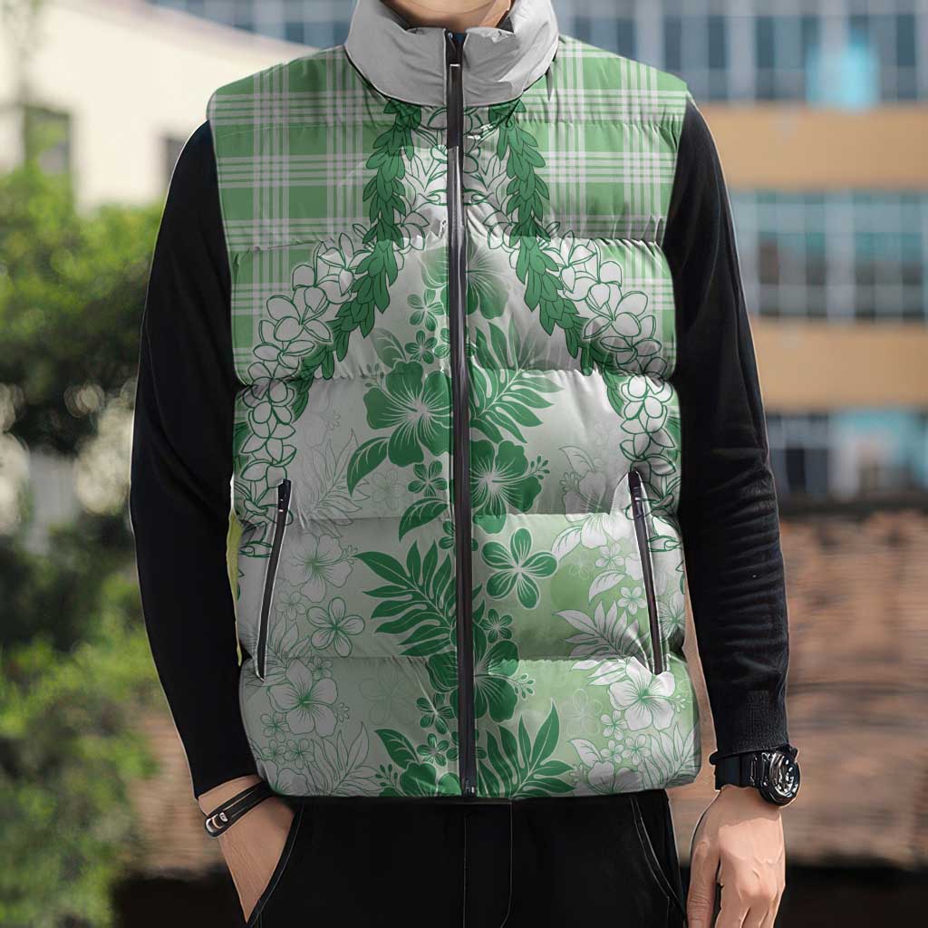 Aloha Hawaii Palaka Sleeveless Puffer Jacket Green Plumeria Lei - Polynesian Pride