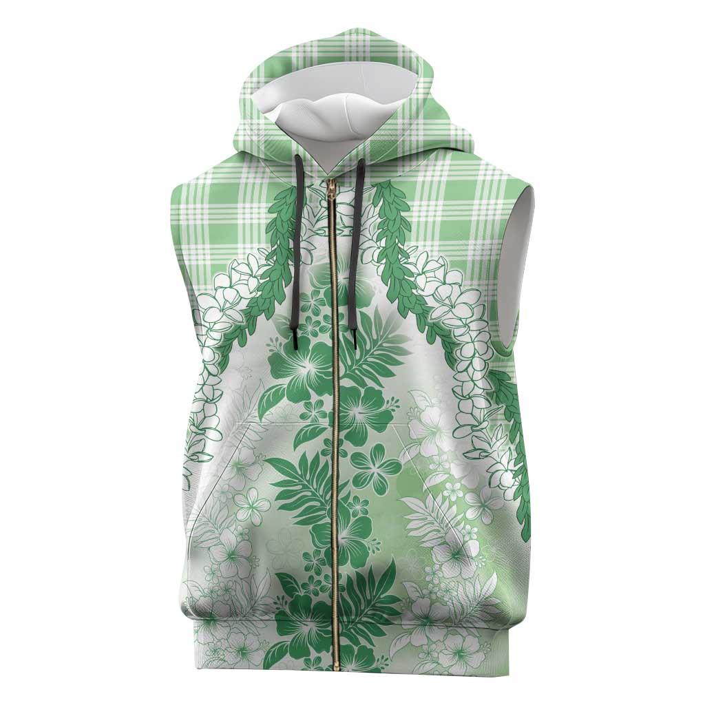 Aloha Hawaii Palaka Sleeveless Zip Hoodie Green Plumeria Lei - Polynesian Pride