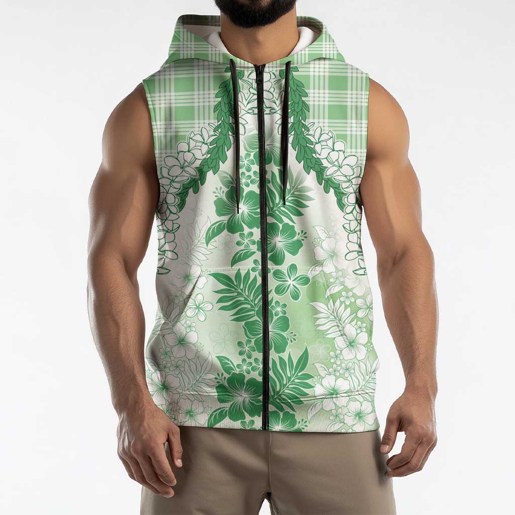 Aloha Hawaii Palaka Sleeveless Zip Hoodie Green Plumeria Lei LT05 - Polynesian Pride