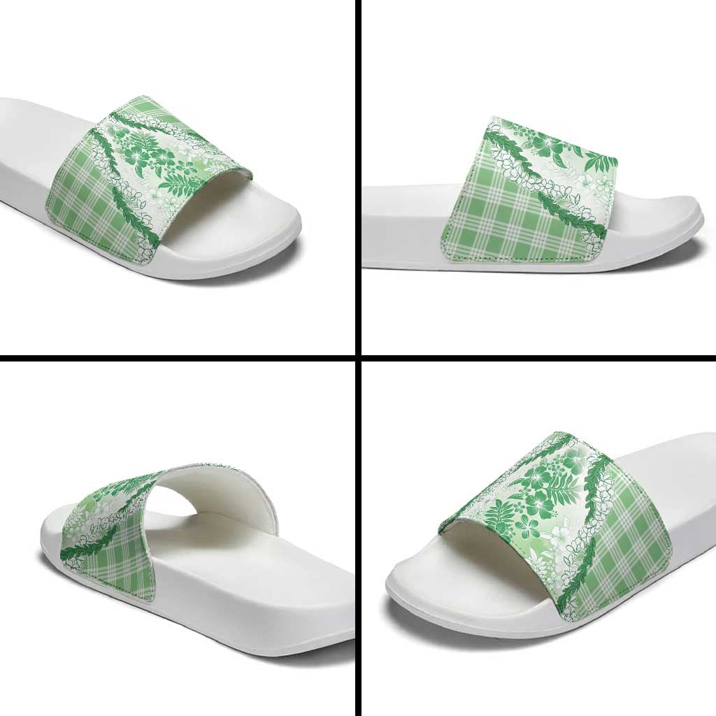 Aloha Hawaii Palaka Slide Sandals Green Plumeria Lei - Polynesian Pride