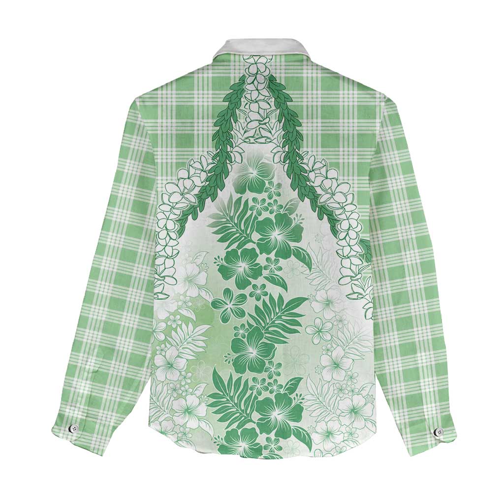 Aloha Hawaii Palaka Women Casual Shirt Green Plumeria Lei - Polynesian Pride