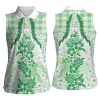 Aloha Hawaii Palaka Women Sleeveless Polo Shirt Green Plumeria Lei - Polynesian Pride