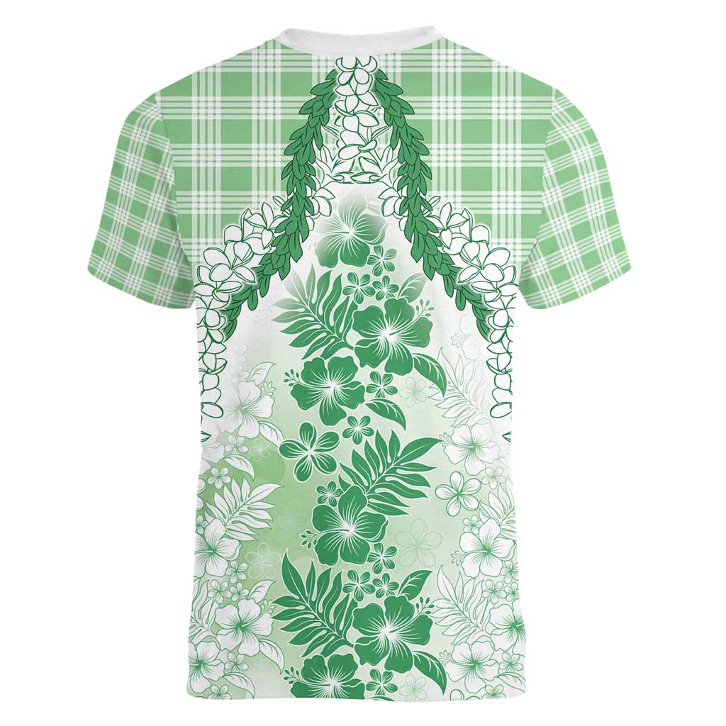 Aloha Hawaii Palaka Women V-Neck T-Shirt Green Plumeria Lei - Polynesian Pride
