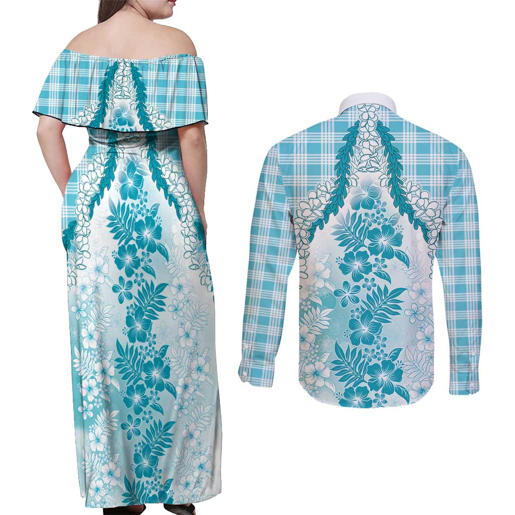 Aloha Hawaii Palaka Couples Matching Off Shoulder Maxi Dress and Long Sleeve Button Shirt Blue Plumeria Lei - Polynesian Pride