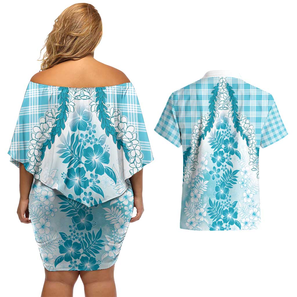 Aloha Hawaii Palaka Couples Matching Off Shoulder Short Dress and Hawaiian Shirt Blue Plumeria Lei - Polynesian Pride