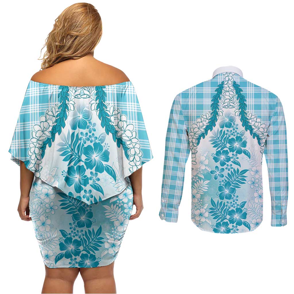 Aloha Hawaii Palaka Couples Matching Off Shoulder Short Dress and Long Sleeve Button Shirt Blue Plumeria Lei - Polynesian Pride