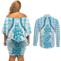 Aloha Hawaii Palaka Couples Matching Off Shoulder Short Dress and Long Sleeve Button Shirt Blue Plumeria Lei - Polynesian Pride