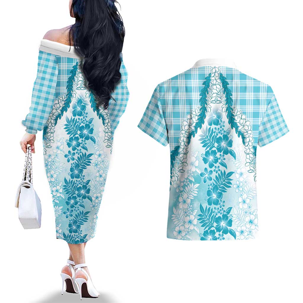 Aloha Hawaii Palaka Couples Matching Off The Shoulder Long Sleeve Dress and Hawaiian Shirt Blue Plumeria Lei - Polynesian Pride