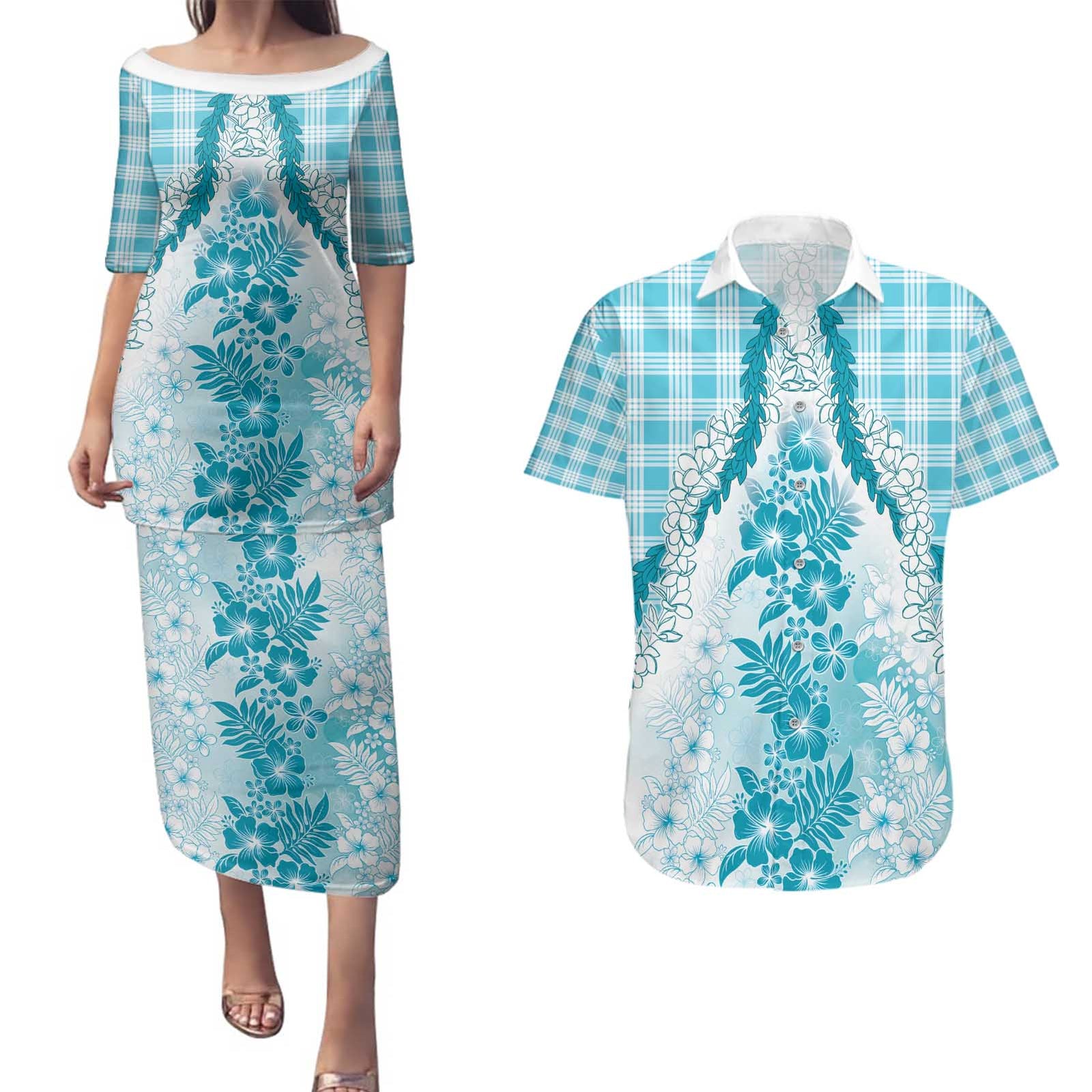 Aloha Hawaii Palaka Couples Matching Puletasi and Hawaiian Shirt Blue Plumeria Lei - Polynesian Pride