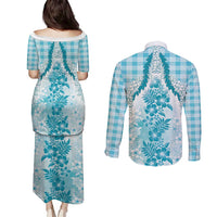 Aloha Hawaii Palaka Couples Matching Puletasi and Long Sleeve Button Shirt Blue Plumeria Lei - Polynesian Pride