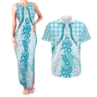 Aloha Hawaii Palaka Couples Matching Tank Maxi Dress and Hawaiian Shirt Blue Plumeria Lei - Polynesian Pride
