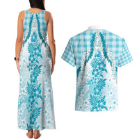 Aloha Hawaii Palaka Couples Matching Tank Maxi Dress and Hawaiian Shirt Blue Plumeria Lei - Polynesian Pride