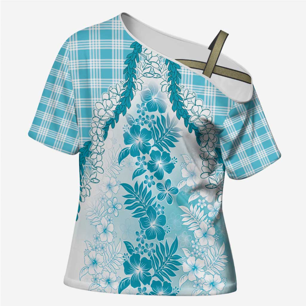 Aloha Hawaii Palaka Cross Shoulder Shirt Blue Plumeria Lei - Polynesian Pride