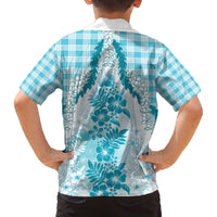 Aloha Hawaii Palaka Family Matching Off The Shoulder Long Sleeve Dress and Hawaiian Shirt Blue Plumeria Lei - Polynesian Pride