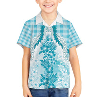 Aloha Hawaii Palaka Family Matching Off The Shoulder Long Sleeve Dress and Hawaiian Shirt Blue Plumeria Lei - Polynesian Pride