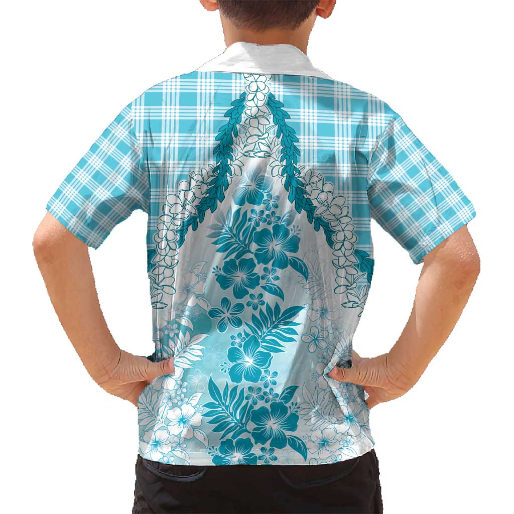 Aloha Hawaii Palaka Family Matching Off Shoulder Maxi Dress and Hawaiian Shirt Blue Plumeria Lei - Polynesian Pride