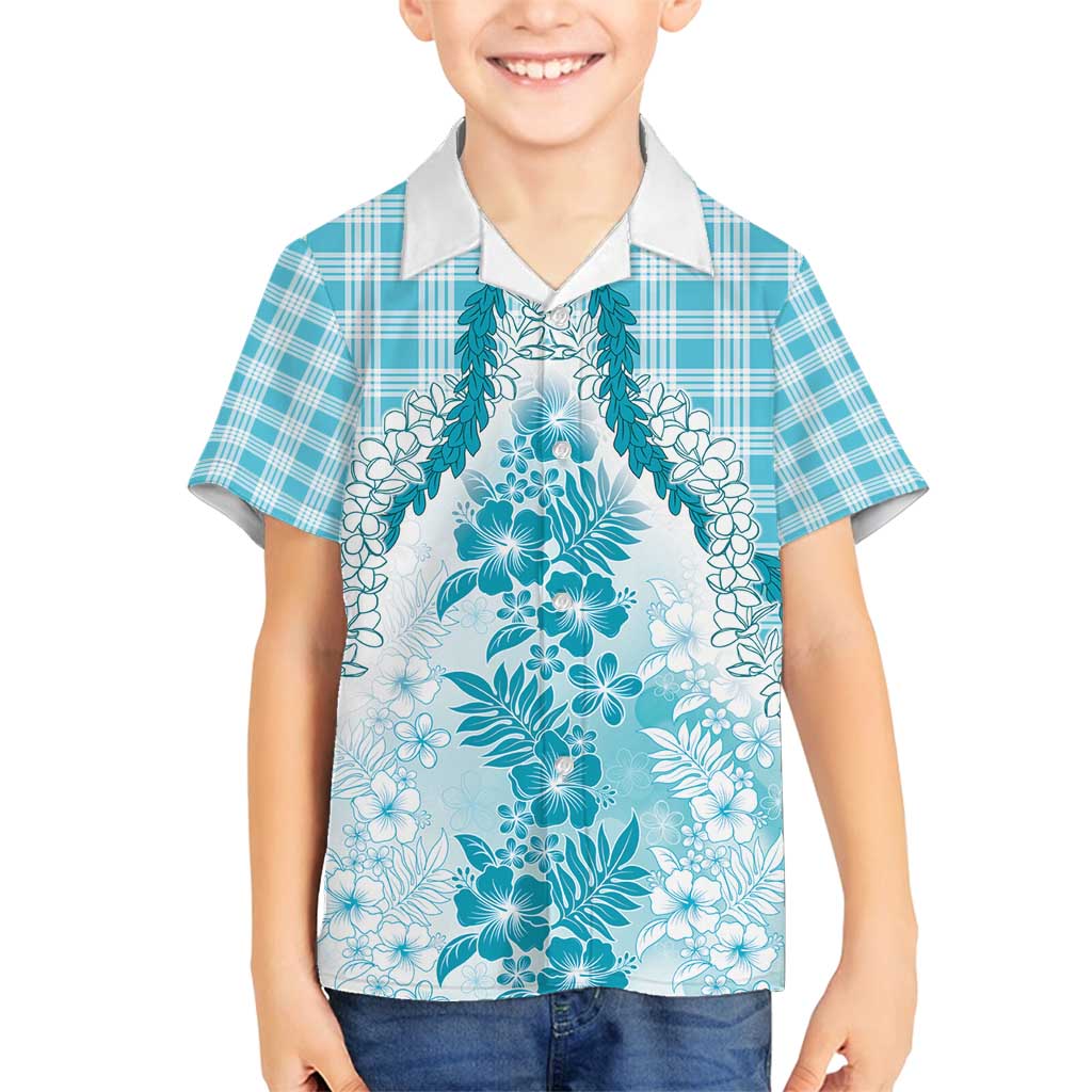 Aloha Hawaii Palaka Family Matching Off Shoulder Short Dress and Hawaiian Shirt Blue Plumeria Lei - Polynesian Pride