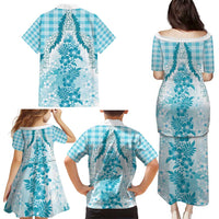 Aloha Hawaii Palaka Family Matching Puletasi and Hawaiian Shirt Blue Plumeria Lei - Polynesian Pride