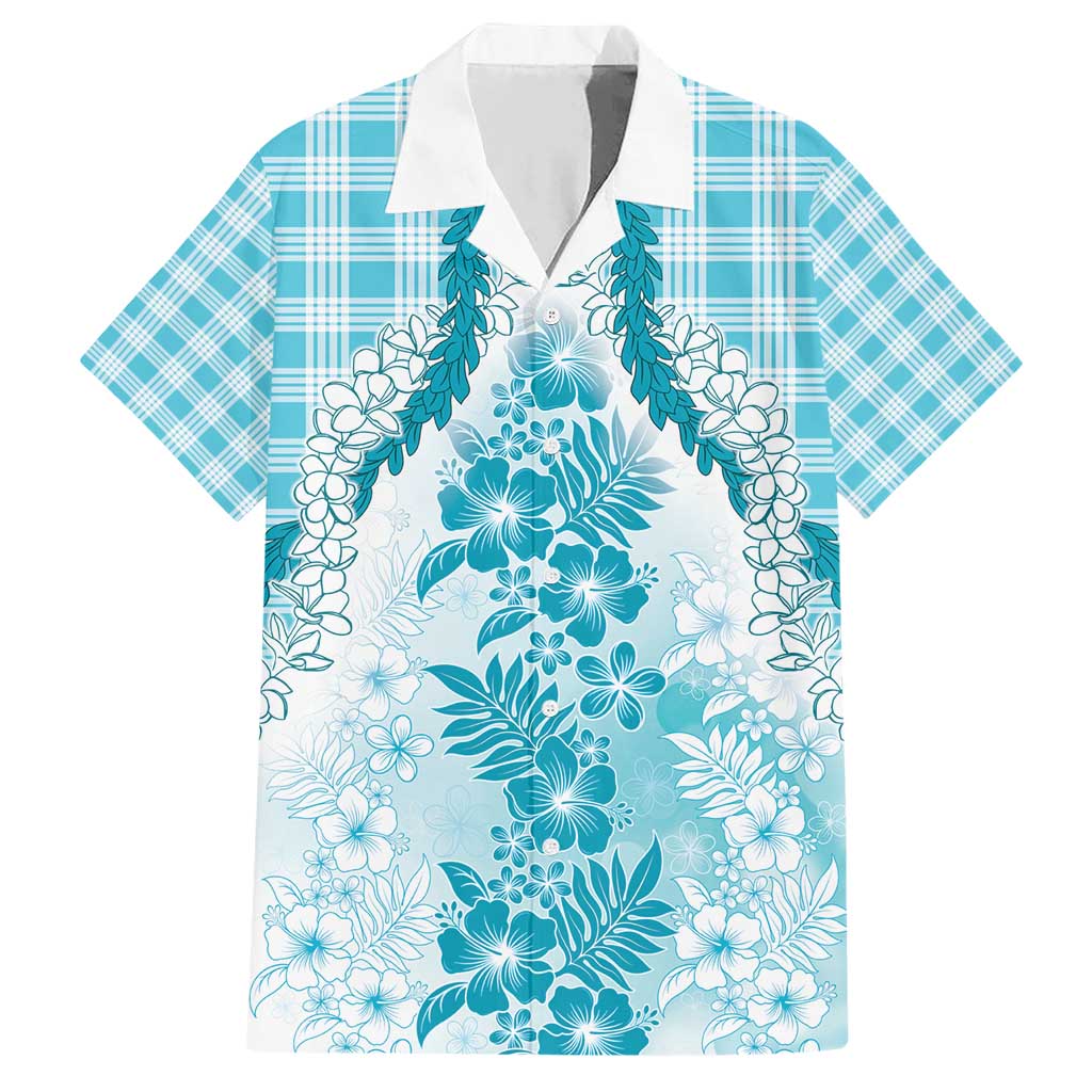 Aloha Hawaii Palaka Family Matching Short Sleeve Bodycon Dress and Hawaiian Shirt Blue Plumeria Lei - Polynesian Pride